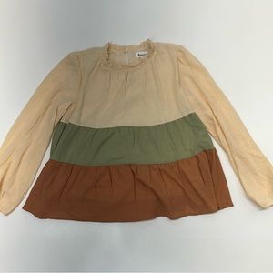 &merci Nude Colorblock Peplum Blouse Long Sleeve Ruff High Neck Womens Size L